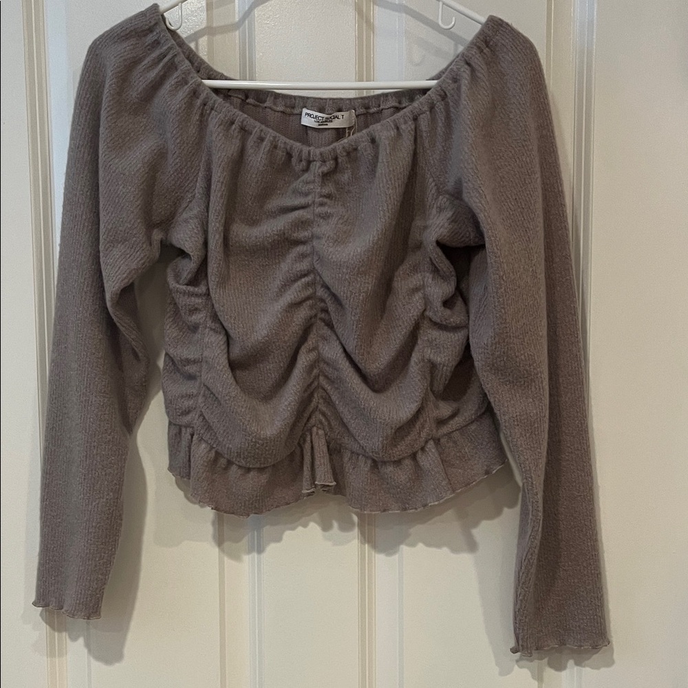 Project Social T Ruched Cropped Taupe Sweater